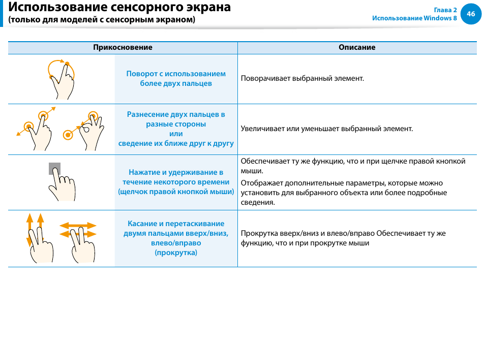 Использование сенсорного экрана | Samsung NP880Z5E User Manual | Page 47 / 157