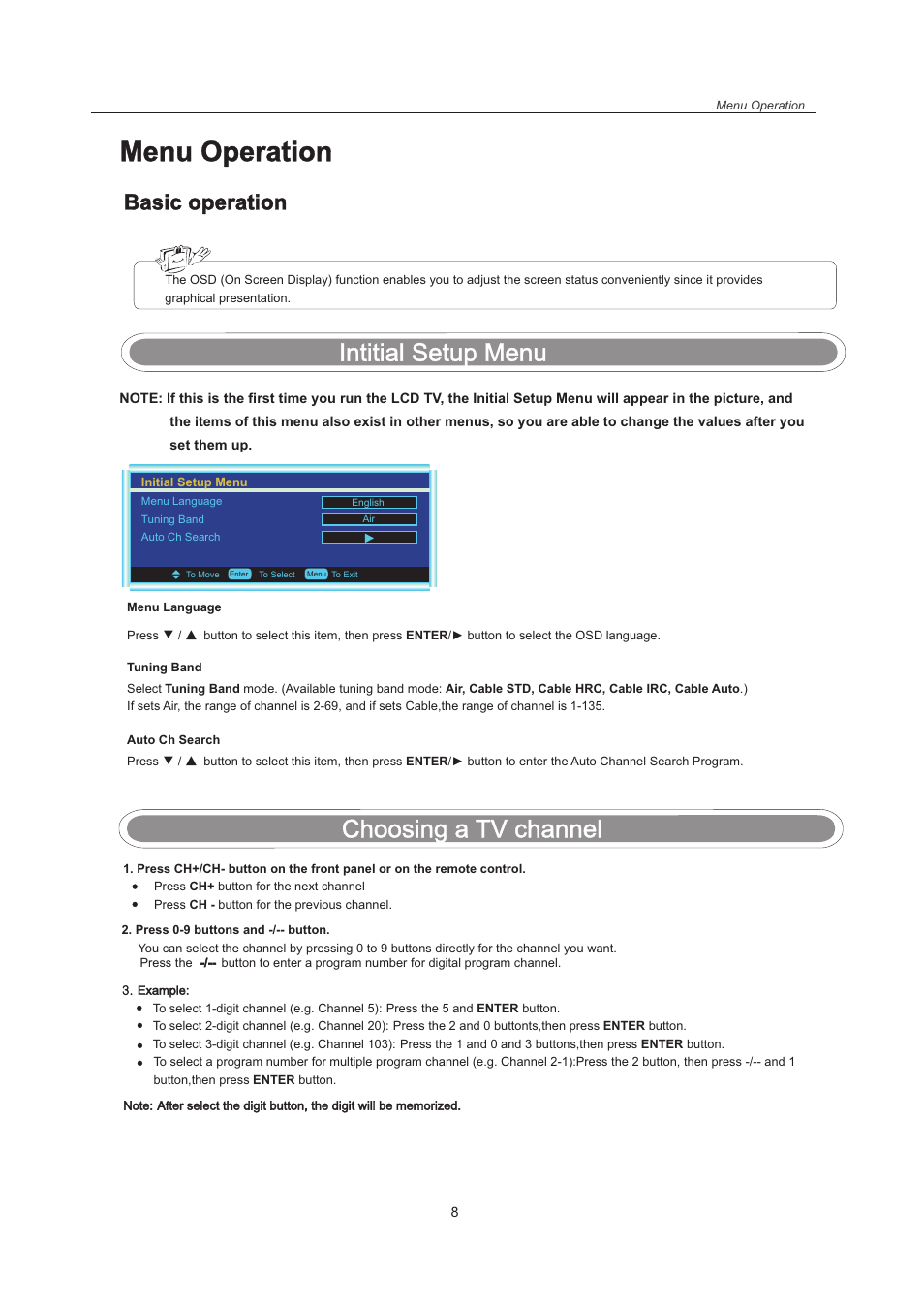 页 10, Menu operation, Intitial setup menu | Choosing a tv channel, Basic operation | Curtis LCDVD151A User Manual | Page 10 / 25
