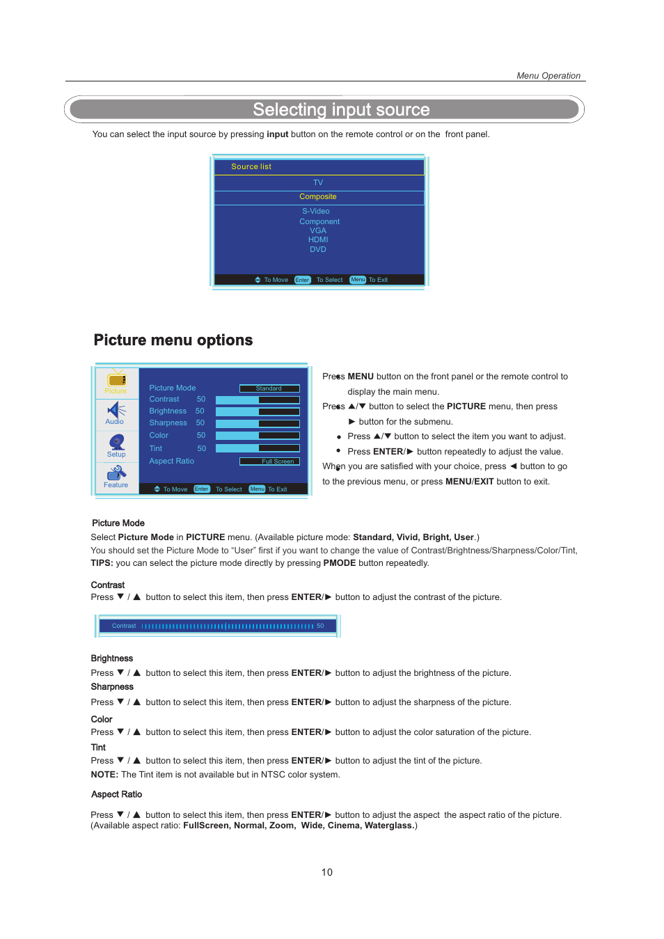 页 12, Selecting input source, Picture menu options | Curtis LCDVD151A User Manual | Page 12 / 25