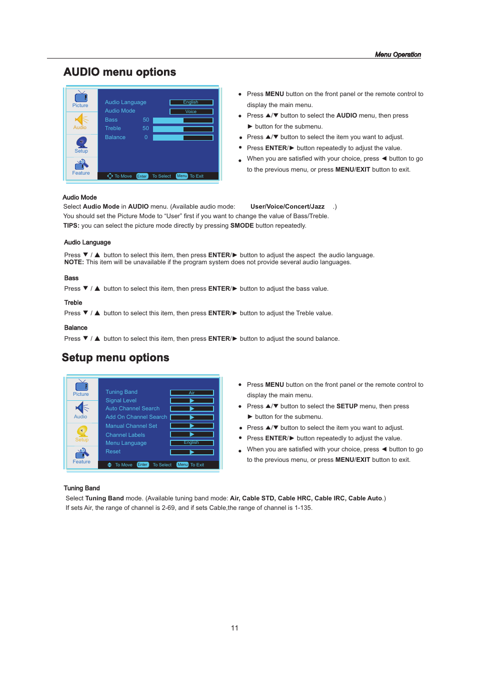 页 13, Setup menu options, Audio menu options | Curtis LCDVD151A User Manual | Page 13 / 25