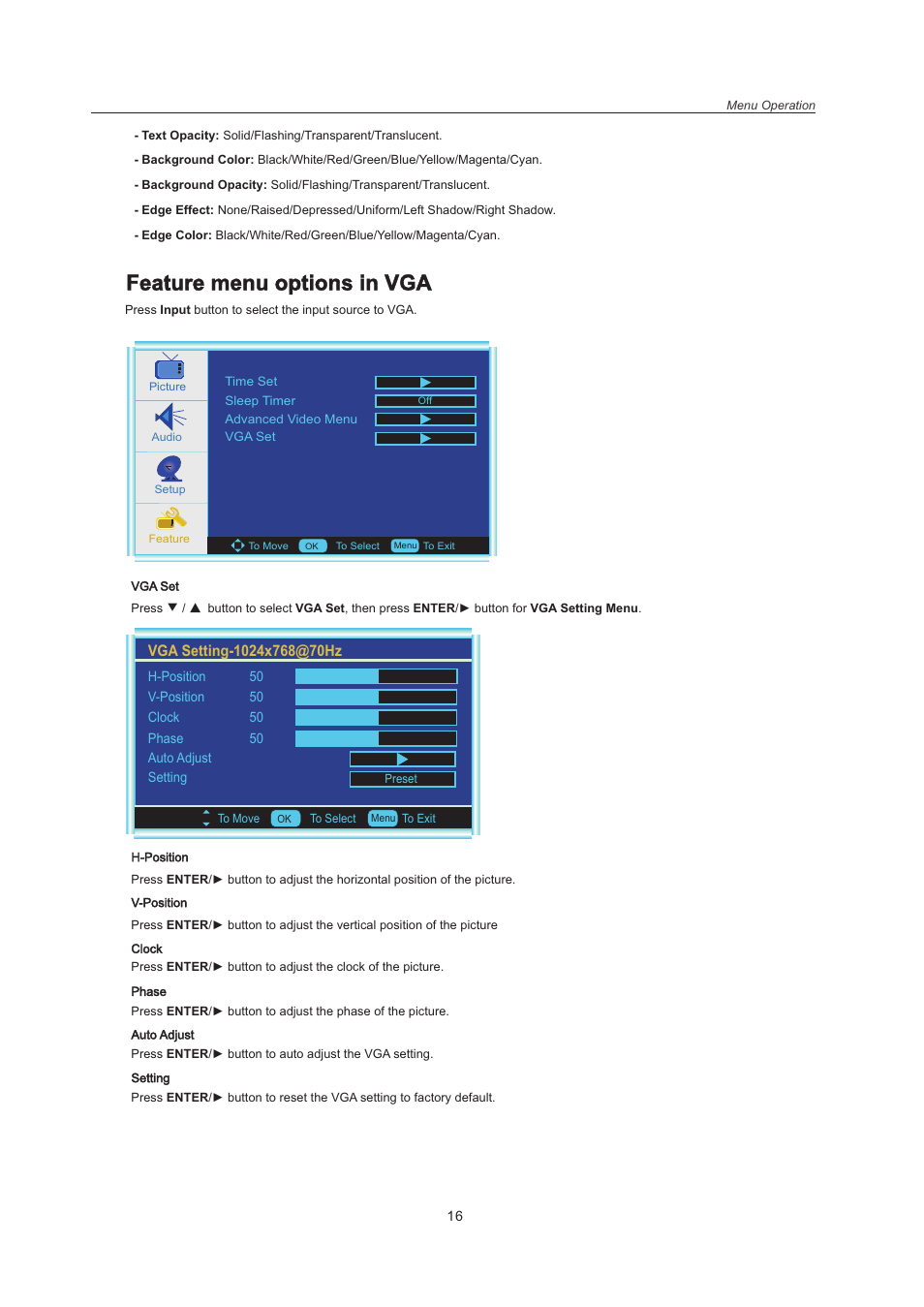 页 18, Feature menu options in vga | Curtis LCDVD151A User Manual | Page 18 / 25