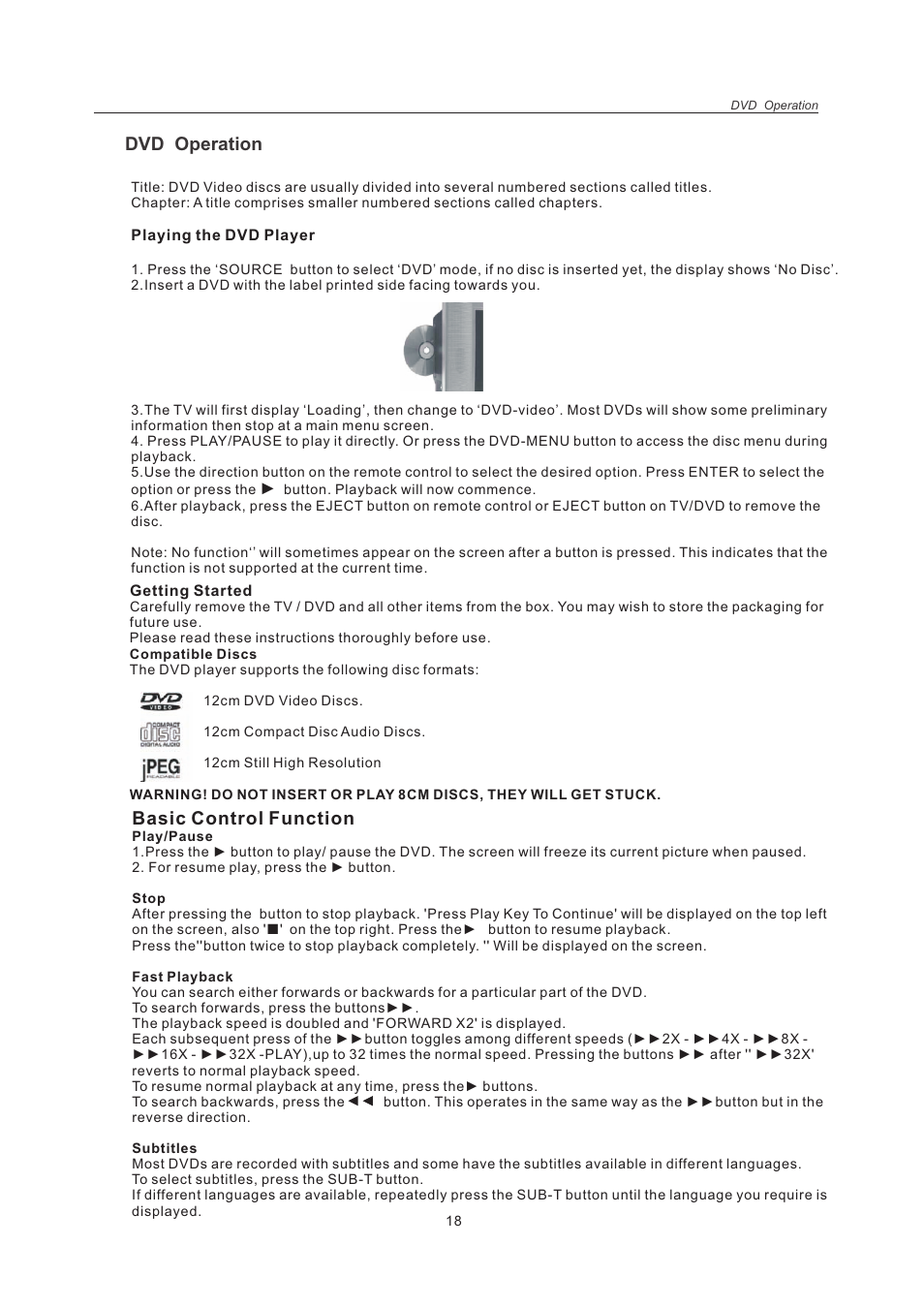 页 20, Dvd operation, Basic control function | Curtis LCDVD151A User Manual | Page 20 / 25