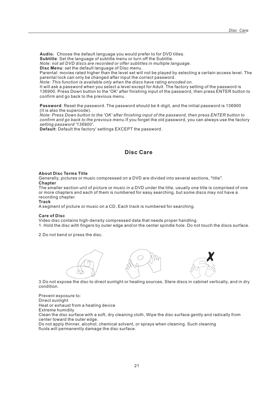 页 23, Disc care | Curtis LCDVD151A User Manual | Page 23 / 25