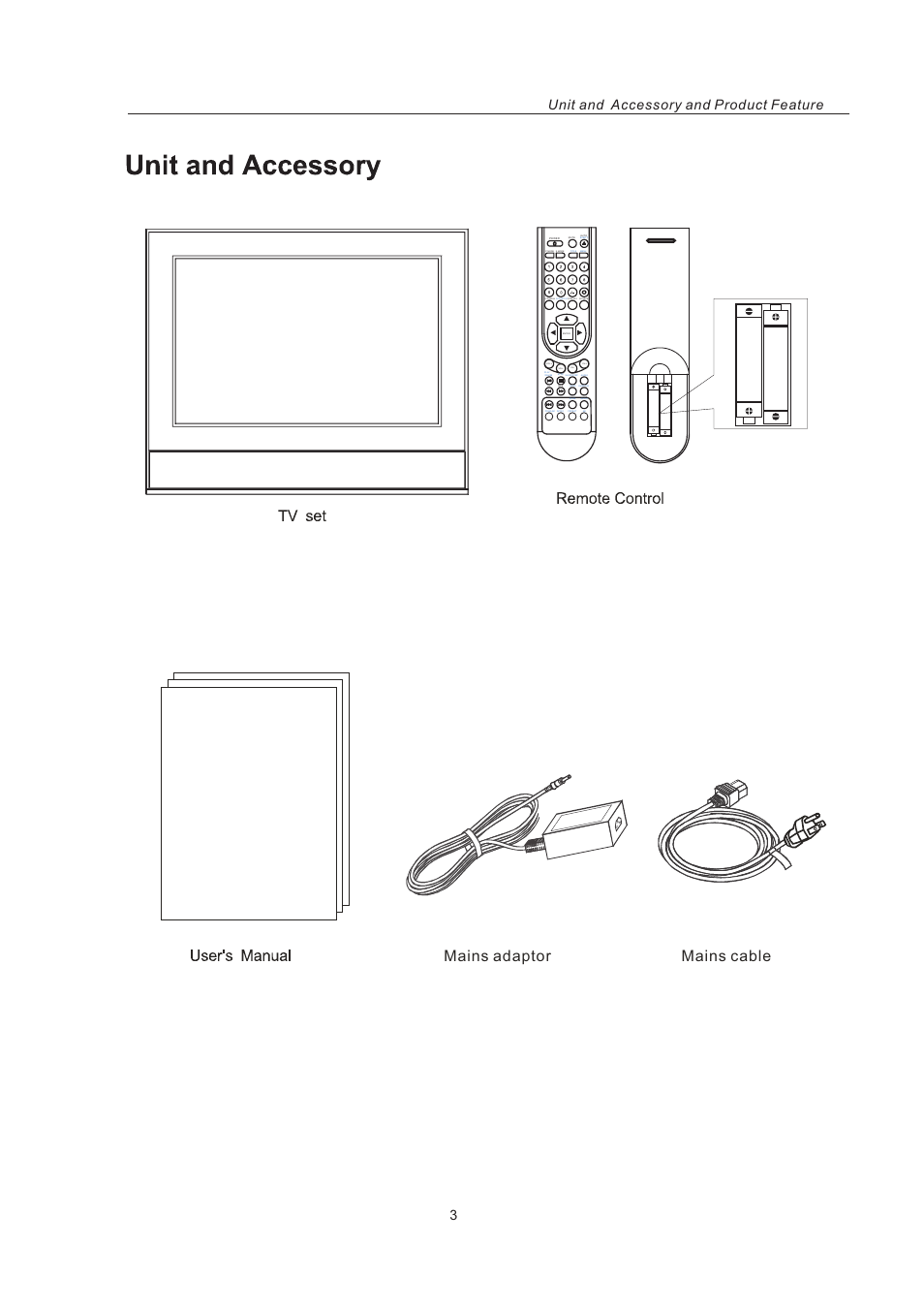Mains cable mains adaptor, Unit and accessory and product feature, Lc d- me nu dv d- se tu p | Curtis LCDVD151A User Manual | Page 5 / 25