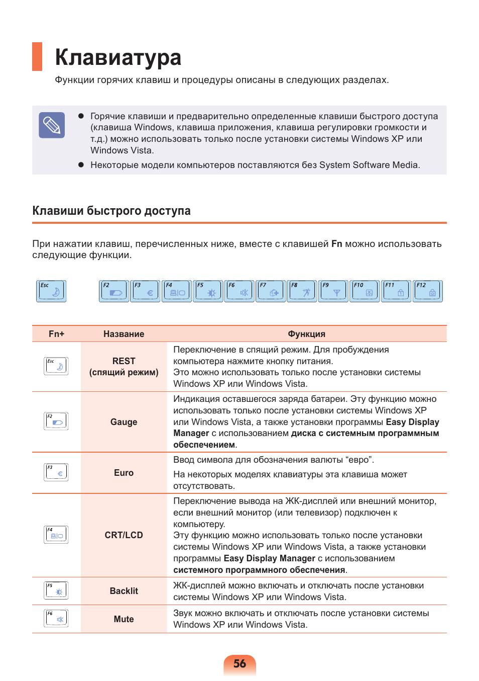 Клавиатура, Клавиши быстрого доступа | Samsung NP-X418 User Manual | Page 56 / 87