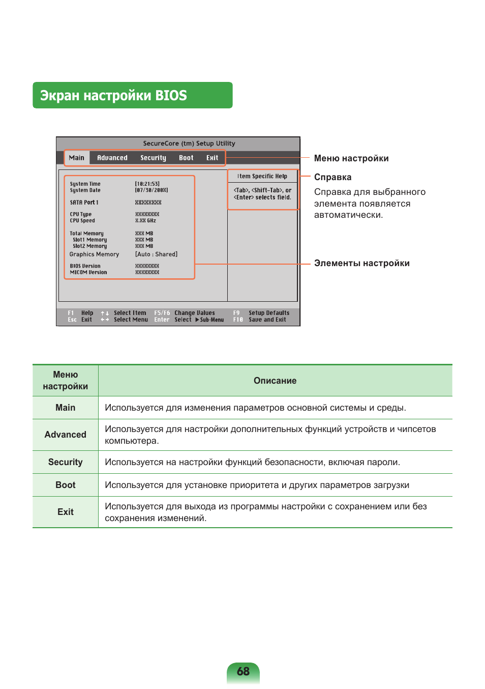 Экран настройки bios | Samsung NP-X418 User Manual | Page 68 / 87