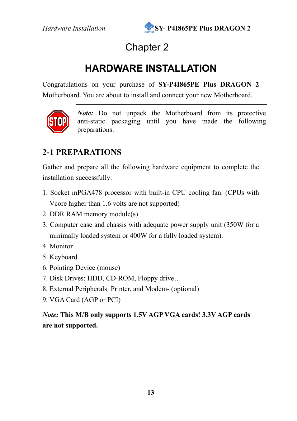 Chapter 2, Hardware installation | AB Soft ATX 12V User Manual | Page 18 / 97