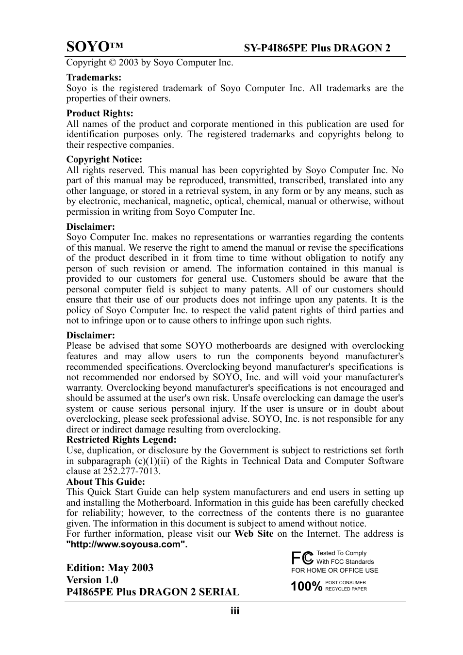 Soyo | AB Soft ATX 12V User Manual | Page 3 / 97
