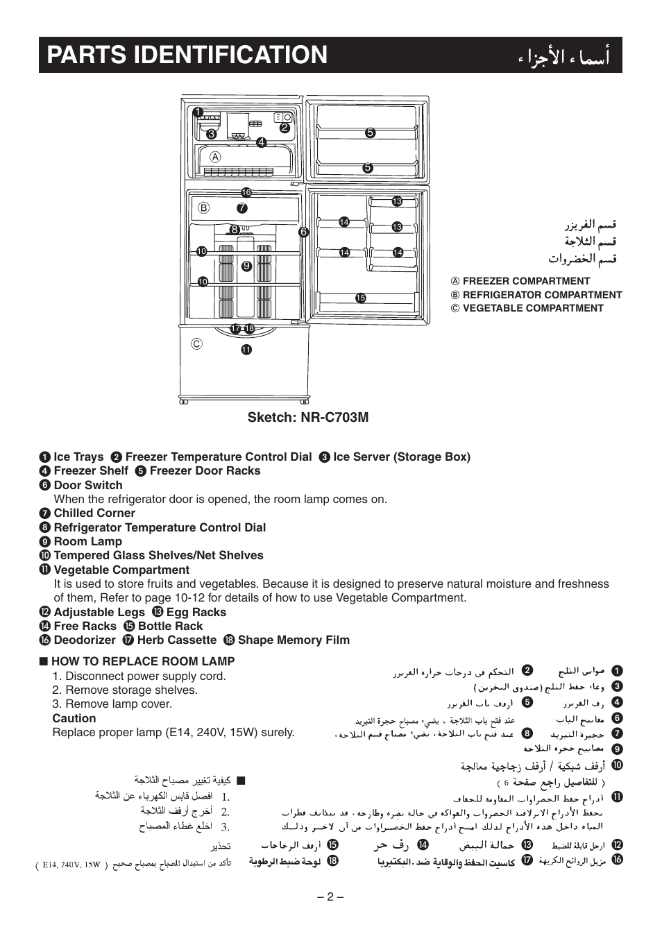 Parts identification | Panasonic NR-C703 User Manual | Page 2 / 16