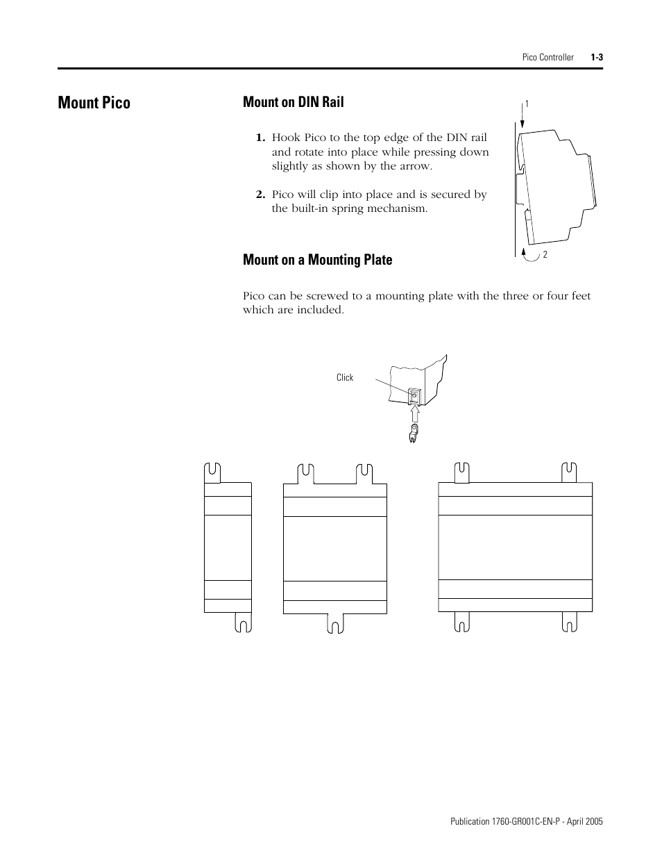 Mount pico, Mount on din rail, Mount on a mounting plate | Mount pico -3 | AB Soft PicoTM Controller 1760 User Manual | Page 11 / 66