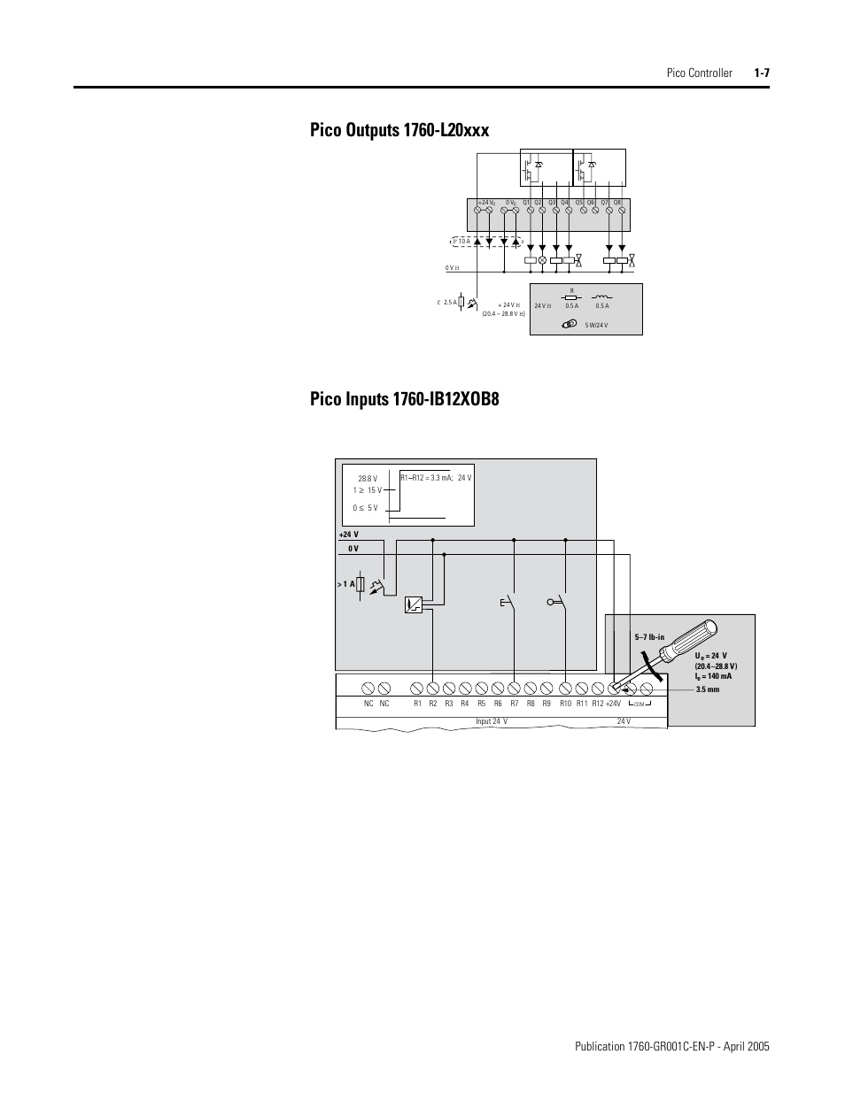 Pico outputs 1760-l20xxx, Pico inputs 1760-ib12xob8 | AB Soft PicoTM Controller 1760 User Manual | Page 15 / 66