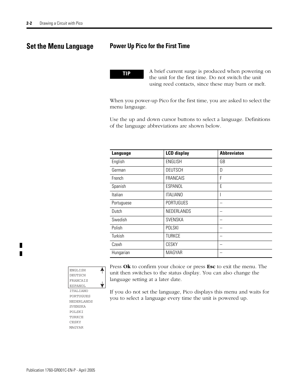 Set the menu language, Power up pico for the first time, Set the menu language -2 | AB Soft PicoTM Controller 1760 User Manual | Page 28 / 66