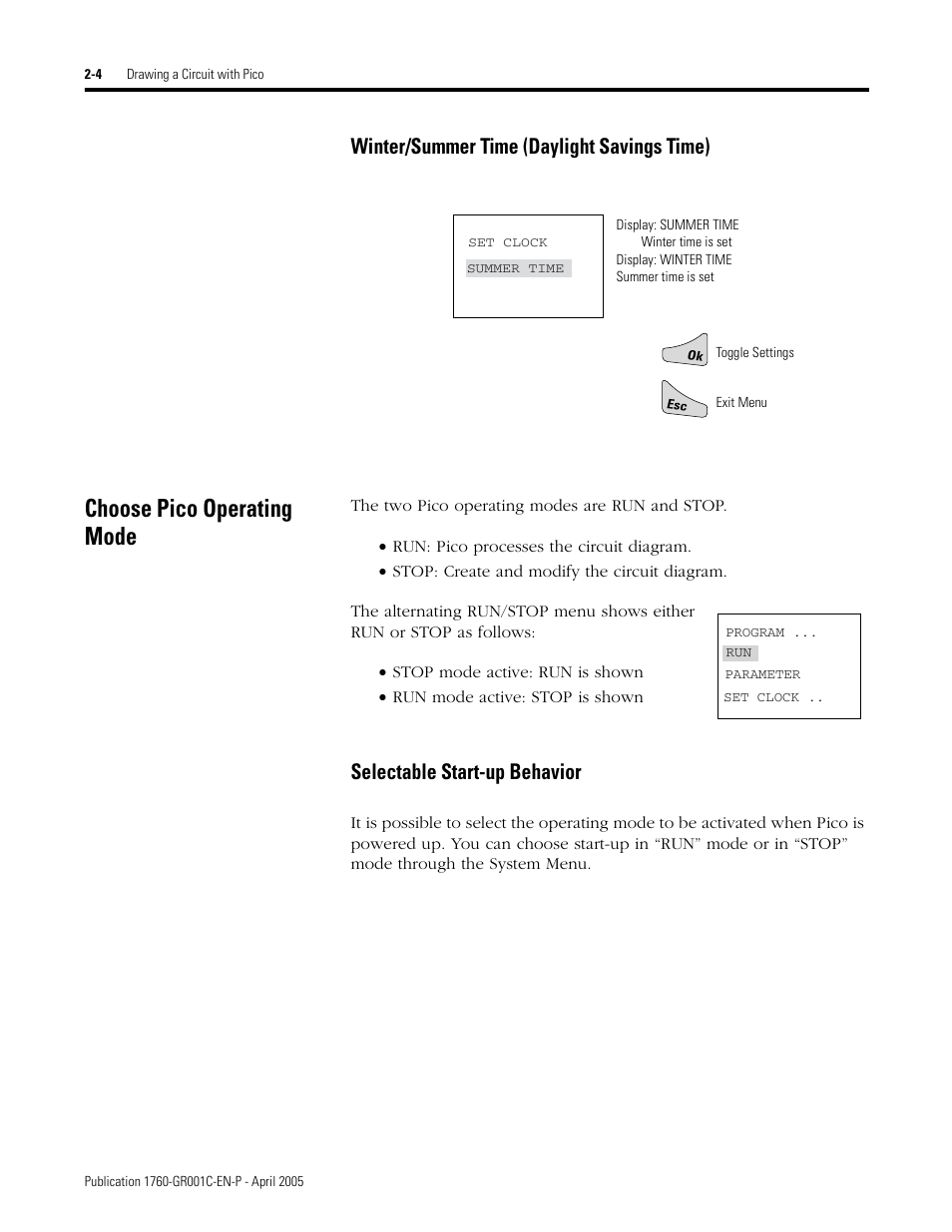 Winter/summer time (daylight savings time), Choose pico operating mode, Selectable start-up behavior | Choose pico operating mode -4 | AB Soft PicoTM Controller 1760 User Manual | Page 30 / 66