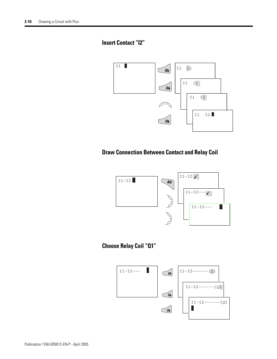 Insert contact “i2, Draw connection between contact and relay coil, Choose relay coil “q1 | AB Soft PicoTM Controller 1760 User Manual | Page 36 / 66