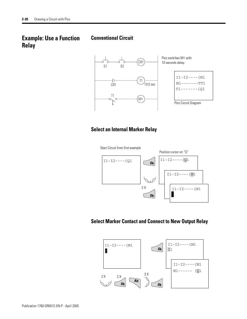 Example: use a function relay, Conventional circuit, Select an internal marker relay | Example: use a function relay -20 | AB Soft PicoTM Controller 1760 User Manual | Page 46 / 66