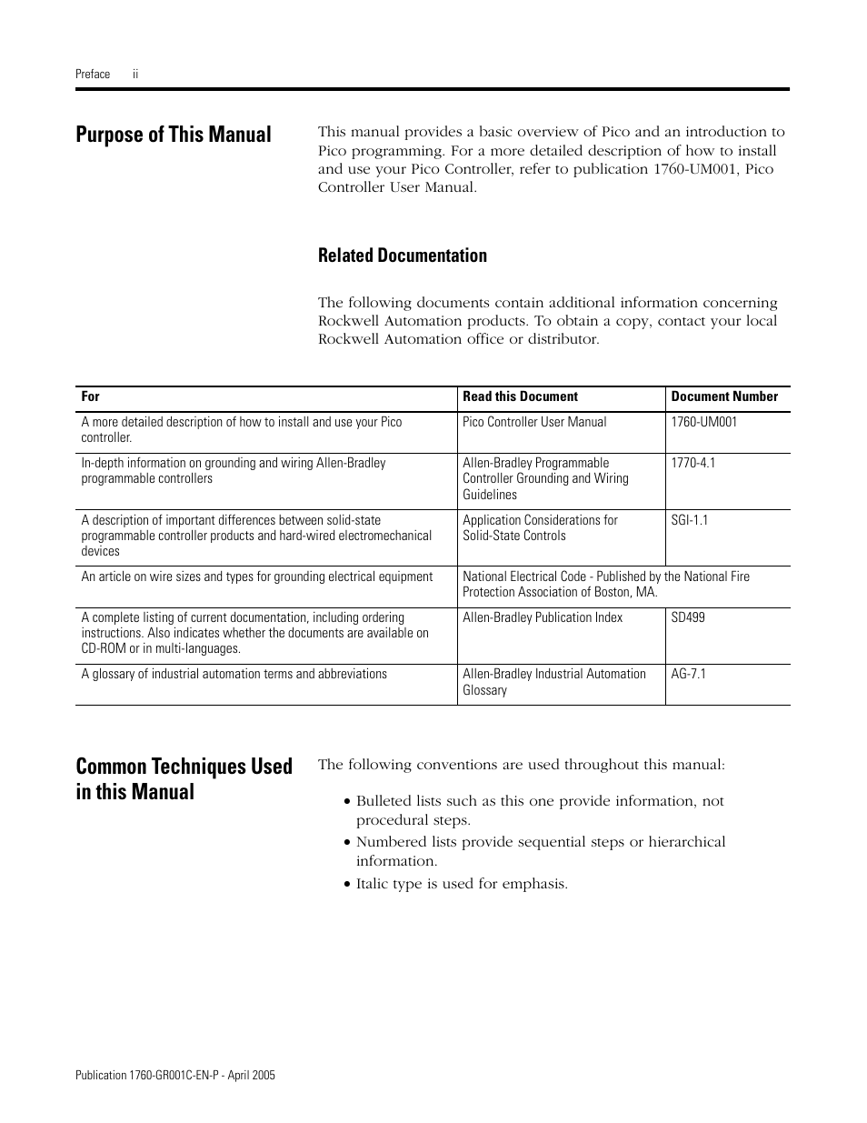Purpose of this manual, Related documentation, Common techniques used in this manual | AB Soft PicoTM Controller 1760 User Manual | Page 6 / 66