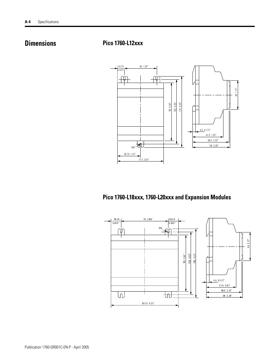 Dimensions, Pico 1760-l12xxx | AB Soft PicoTM Controller 1760 User Manual | Page 60 / 66
