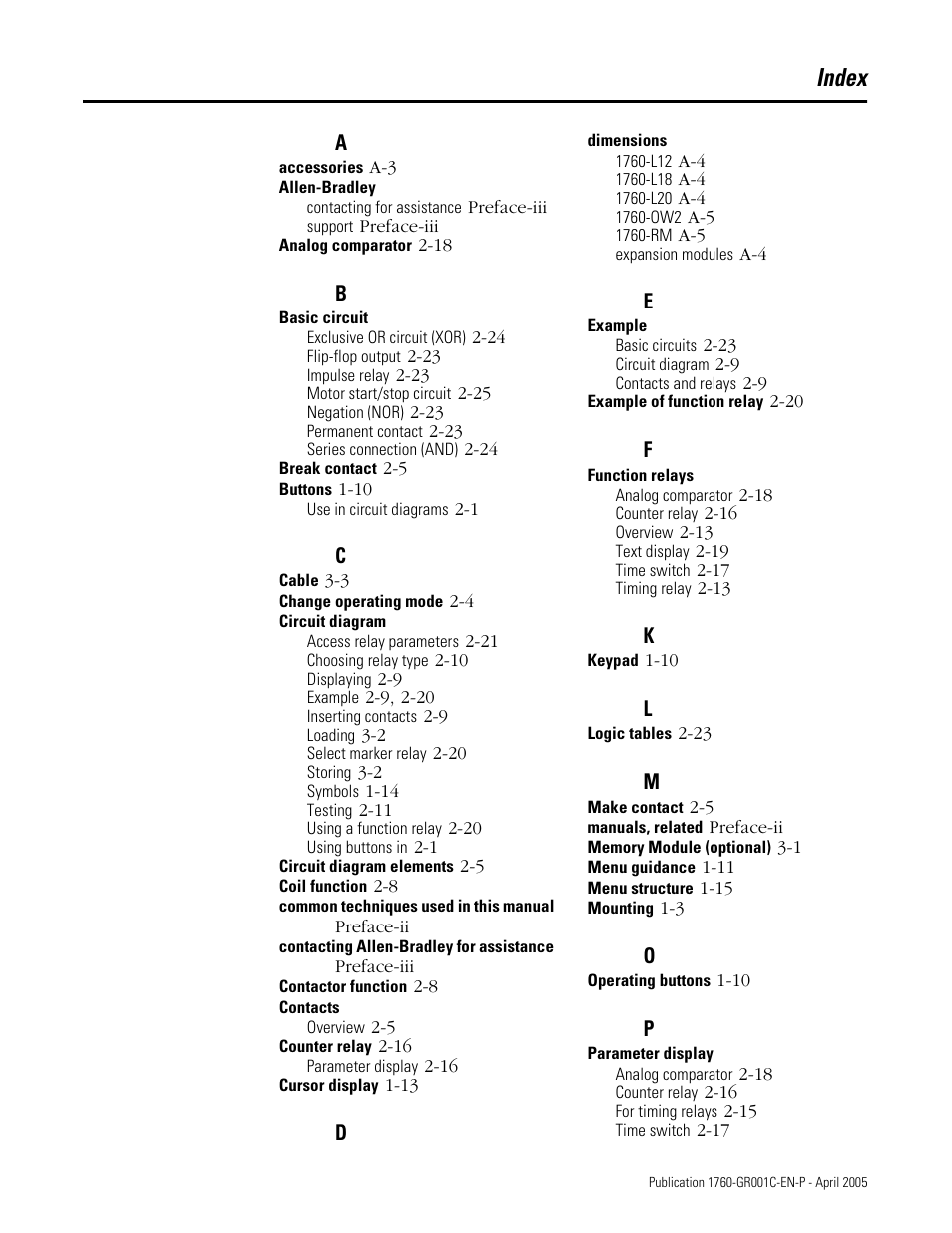 Index | AB Soft PicoTM Controller 1760 User Manual | Page 63 / 66