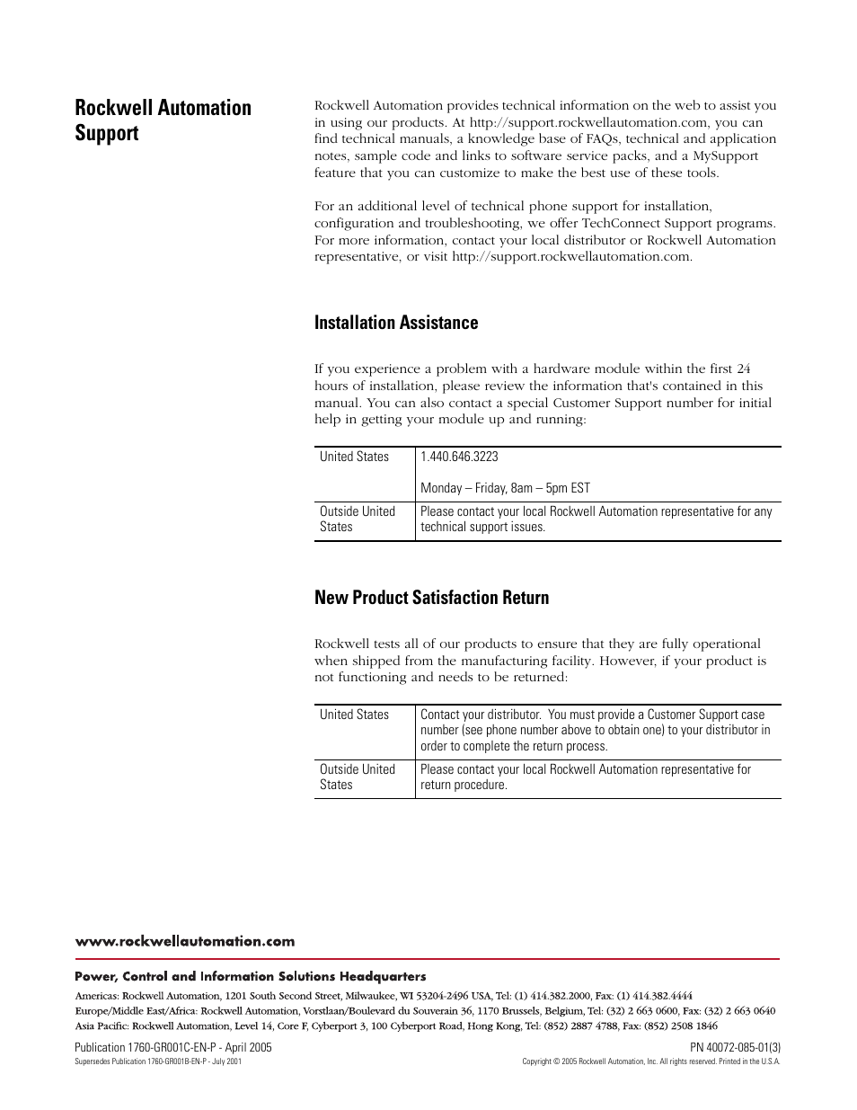 New product satisfaction return, Installation assistance, Back cover | Rockwell automation support | AB Soft PicoTM Controller 1760 User Manual | Page 66 / 66