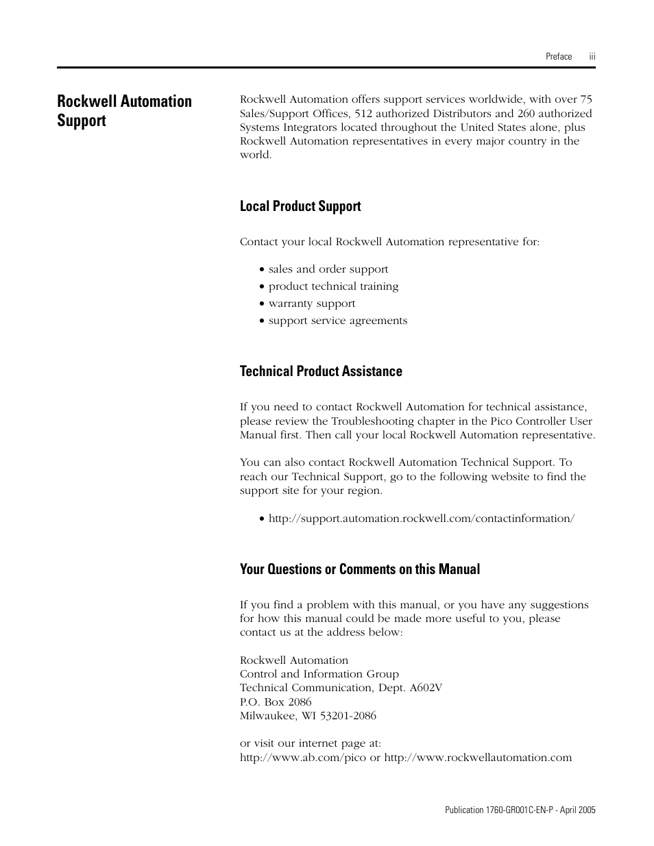 Rockwell automation support, Local product support, Technical product assistance | Your questions or comments on this manual | AB Soft PicoTM Controller 1760 User Manual | Page 7 / 66