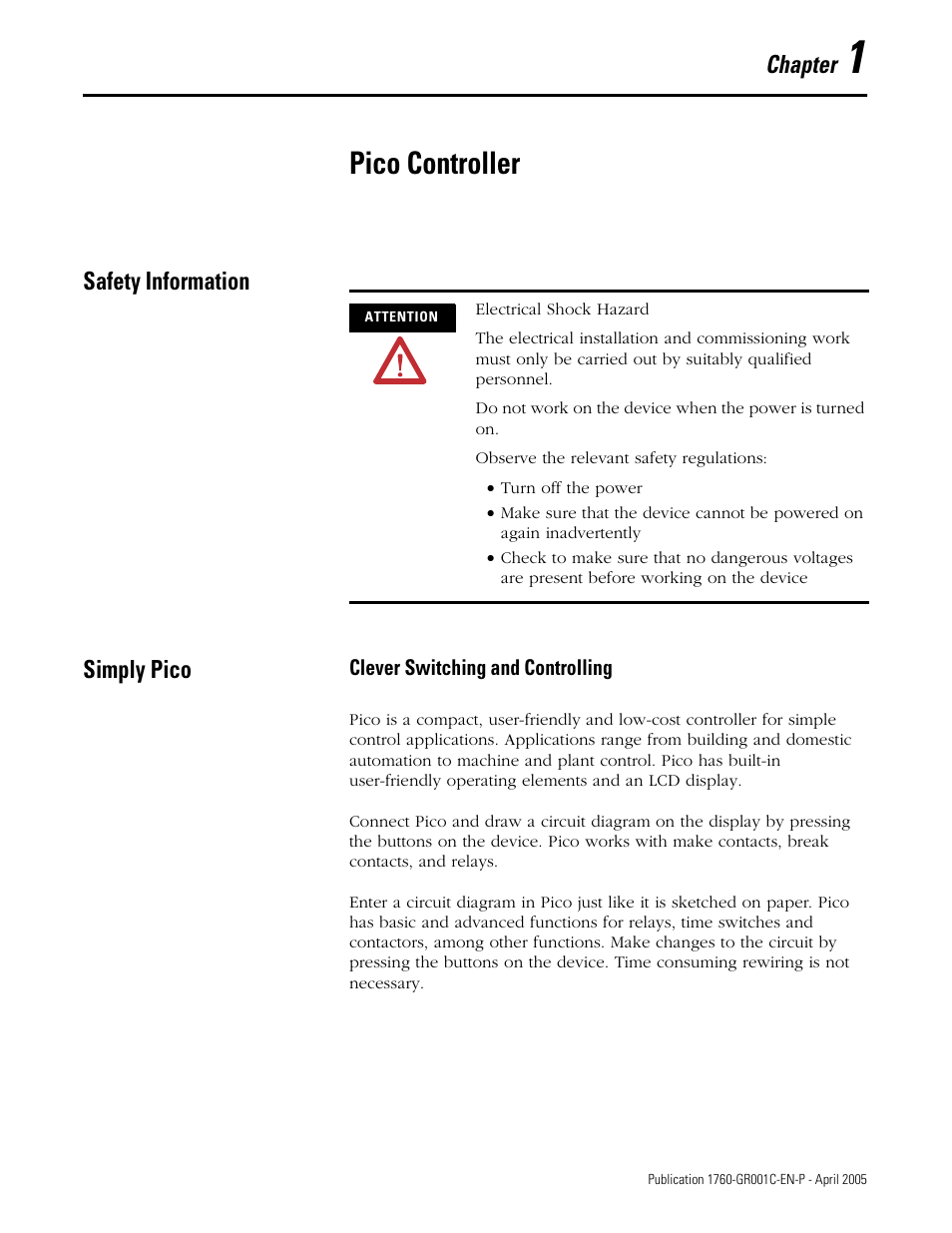 Pico controller, Safety information, Simply pico | Clever switching and controlling, Chapter 1, Safety information -1 simply pico -1, Chapter, Safety information simply pico | AB Soft PicoTM Controller 1760 User Manual | Page 9 / 66
