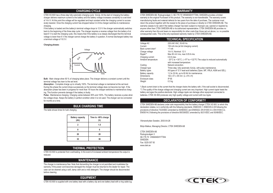 Charging cycle, Bulk charging time, Thermal protection | Maintenance, Equipment, Warranty, Technical specification, Declaration of conformity | AB Soft CTEK XS 800 User Manual | Page 2 / 2