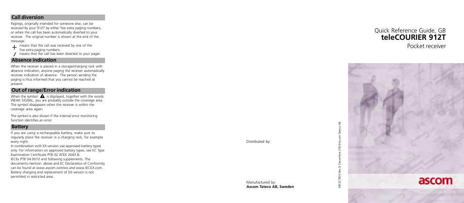 Telecourier 912t, Quick reference guide, gb, Pocket receiver | Ascom 912T User Manual | Page 2 / 2