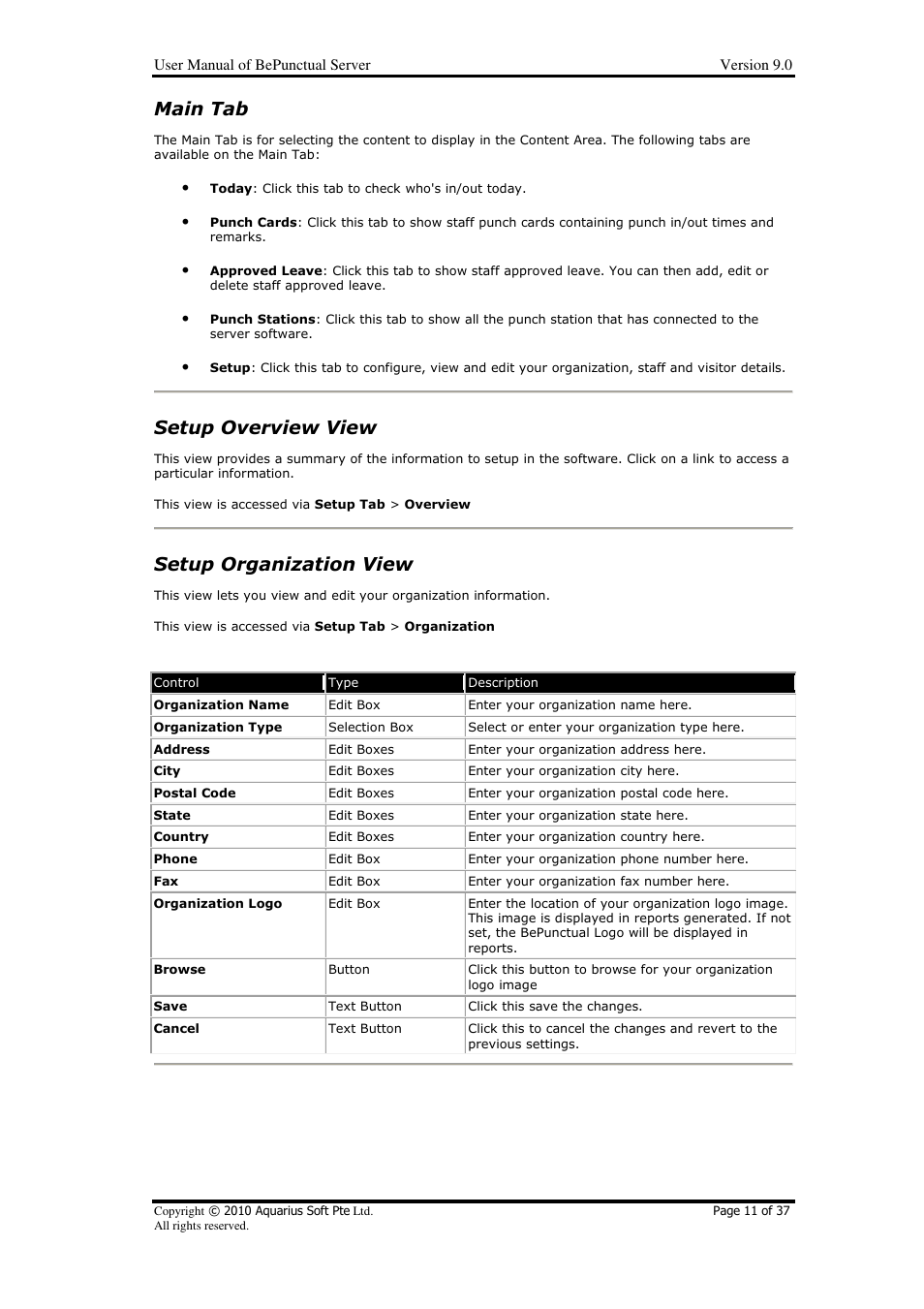 Main tab, Setup overview view, Setup organization view | AB Soft Server BePunctual User Manual | Page 11 / 37