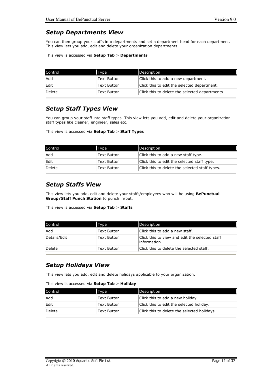 Setup departments view, Setup staff types view, Setup staffs view | Setup holidays view | AB Soft Server BePunctual User Manual | Page 12 / 37