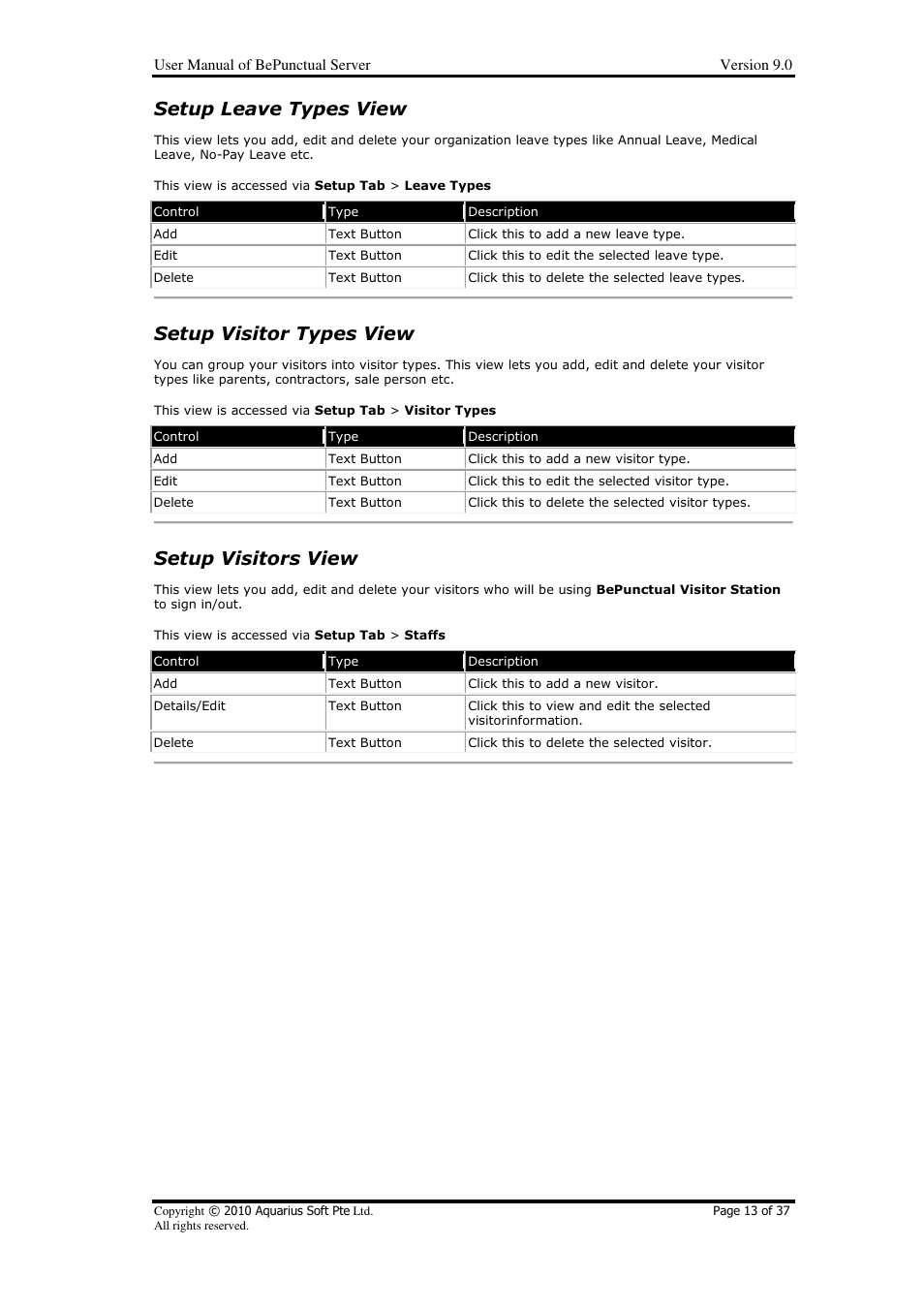 Setup leave types view, Setup visitor types view, Setup visitors view | AB Soft Server BePunctual User Manual | Page 13 / 37