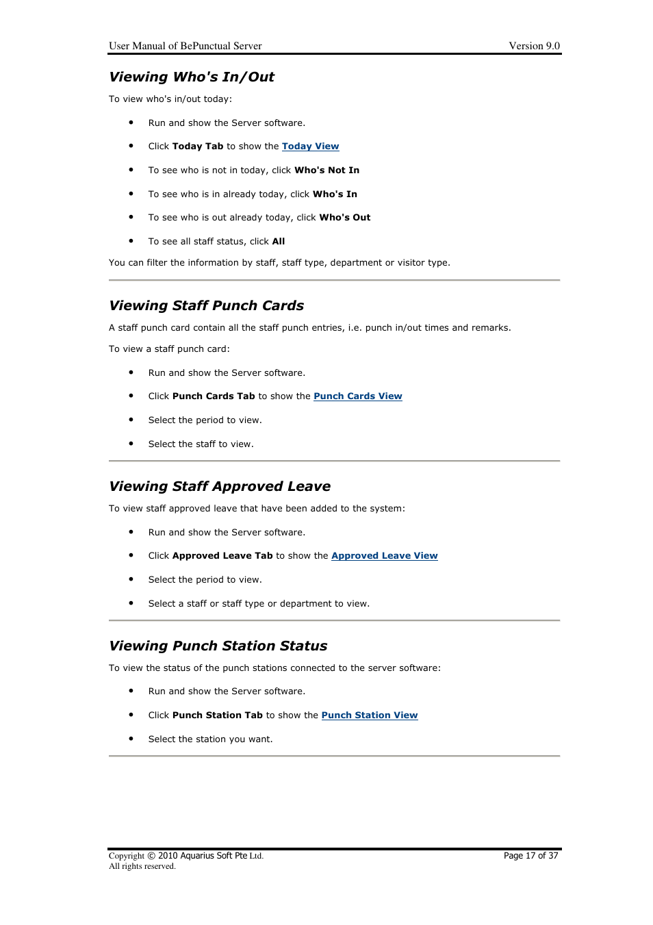 Viewing who's in/out, Viewing staff punch cards, Viewing staff approved leave | Viewing punch station status | AB Soft Server BePunctual User Manual | Page 17 / 37