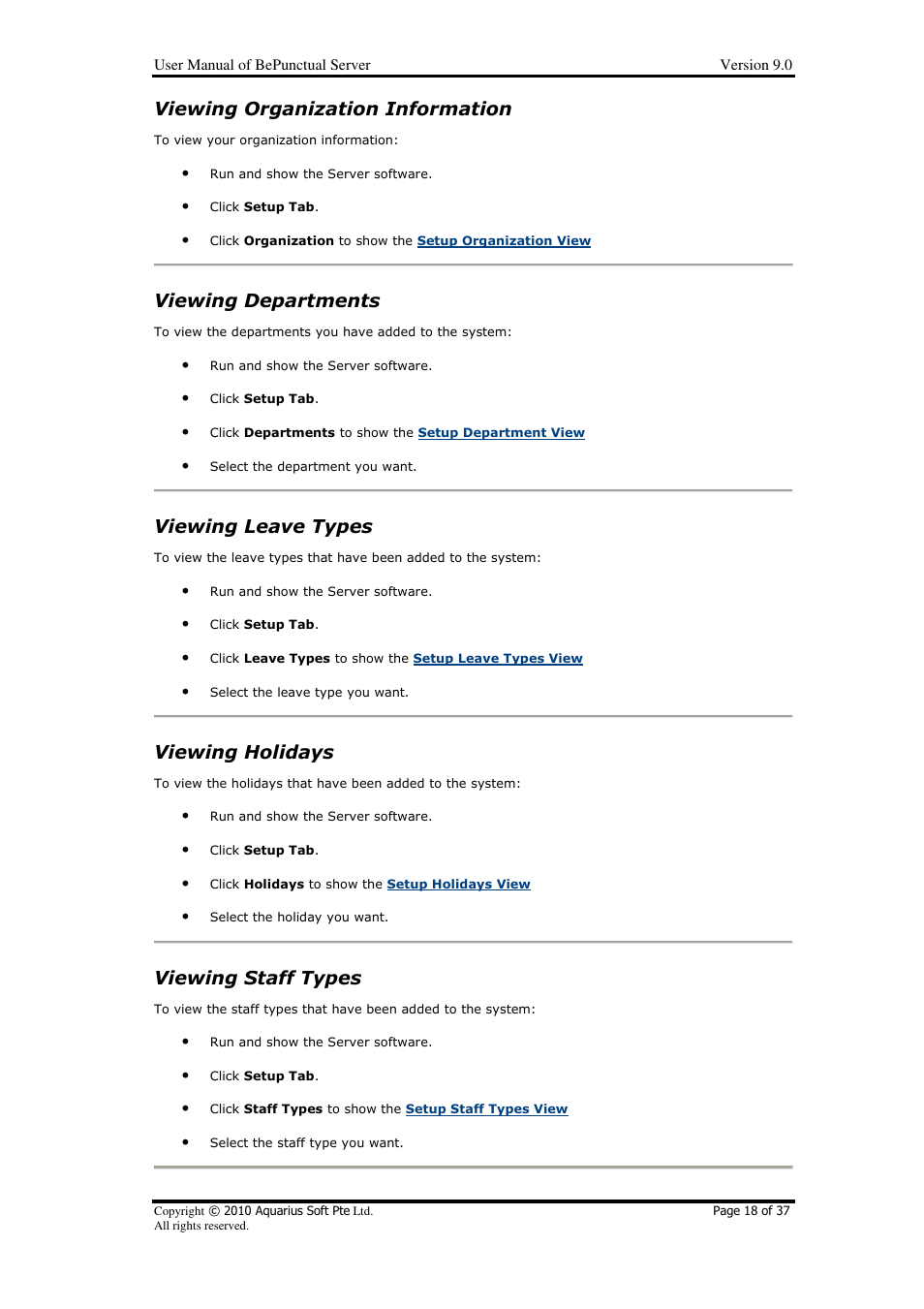 Viewing organization information, Viewing departments, Viewing leave types | Viewing holidays, Viewing staff types | AB Soft Server BePunctual User Manual | Page 18 / 37