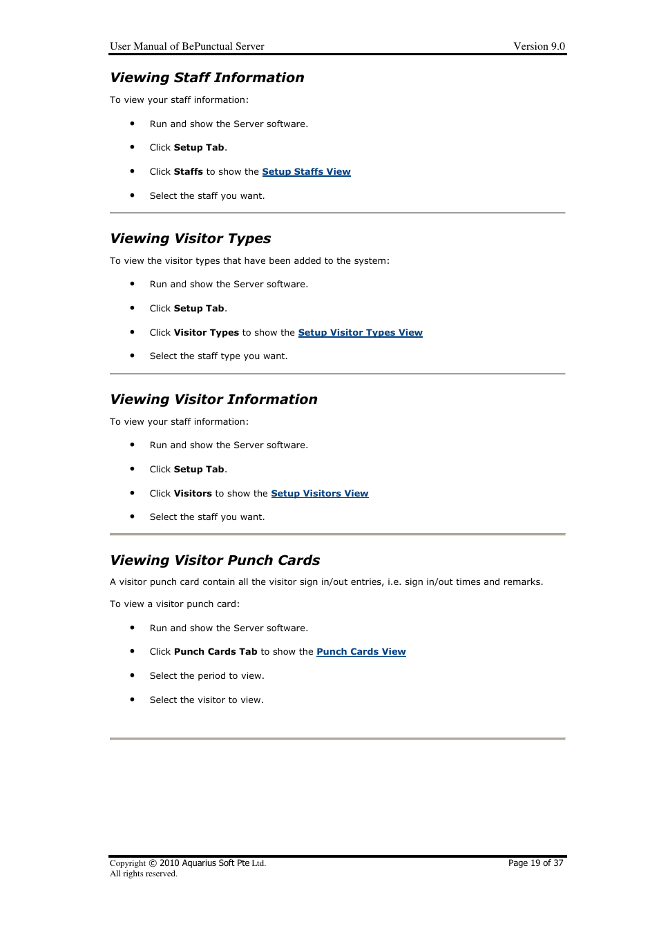 Viewing staff information, Viewing visitor types, Viewing visitor information | Viewing visitor punch cards | AB Soft Server BePunctual User Manual | Page 19 / 37