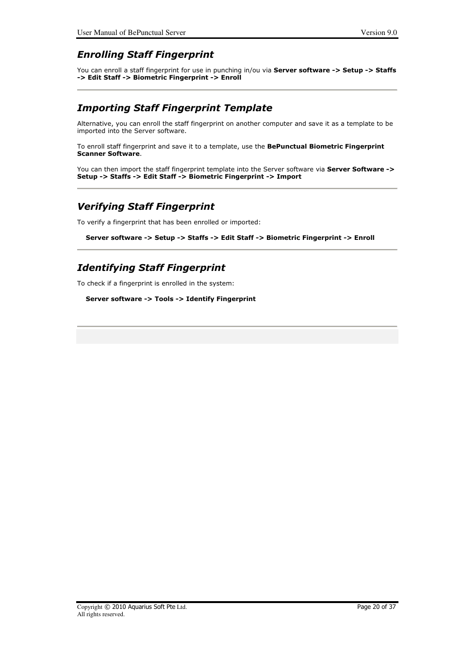 Enrolling staff fingerprint, Importing staff fingerprint template, Verifying staff fingerprint | Identifying staff fingerprint | AB Soft Server BePunctual User Manual | Page 20 / 37