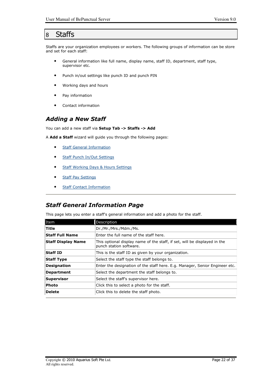 Staffs, Adding a new staff, Staff general information page | AB Soft Server BePunctual User Manual | Page 22 / 37