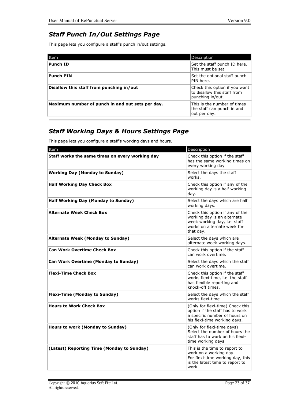 Staff punch in/out settings page, Staff working days & hours settings page | AB Soft Server BePunctual User Manual | Page 23 / 37
