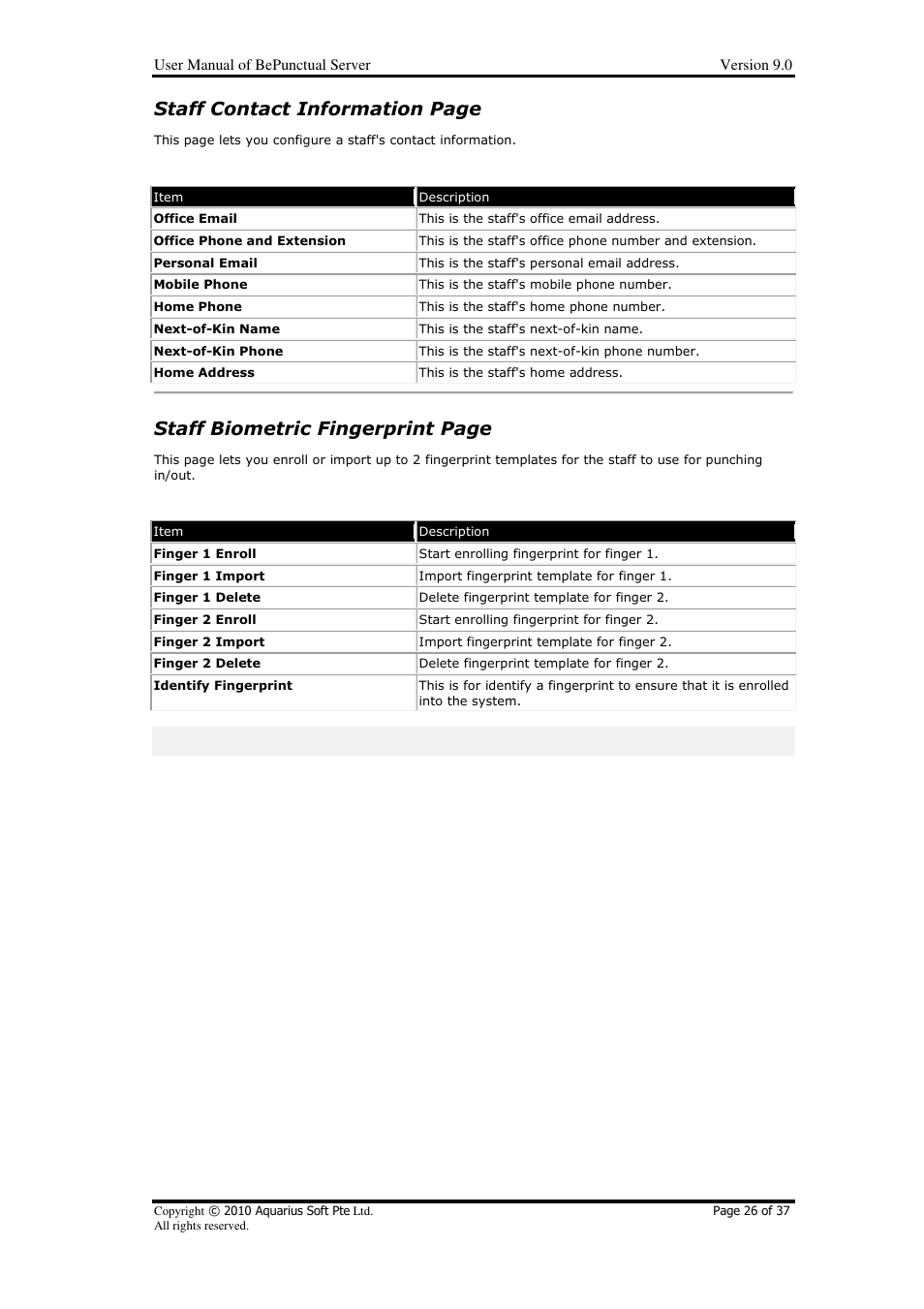 Staff contact information page, Staff biometric fingerprint page | AB Soft Server BePunctual User Manual | Page 26 / 37