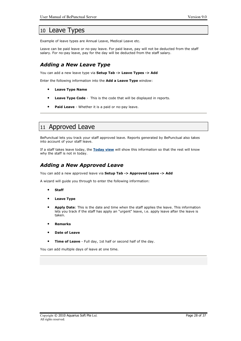 Leave types, Approved leave, Adding a new leave type | Adding a new approved leave | AB Soft Server BePunctual User Manual | Page 28 / 37