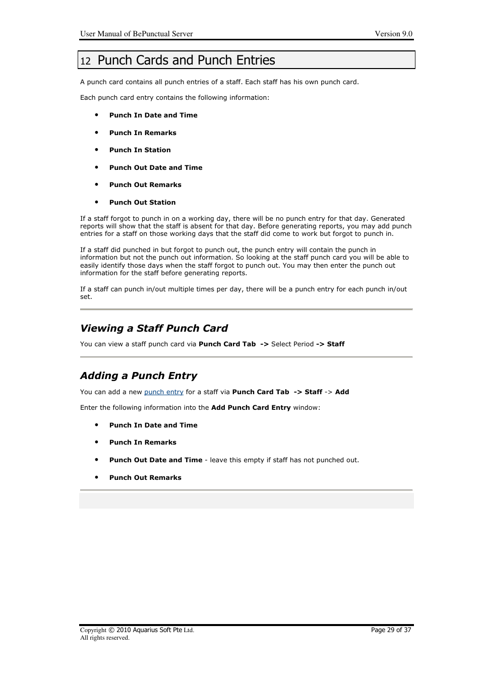 Punch cards and punch entries, Viewing a staff punch card, Adding a punch entry | AB Soft Server BePunctual User Manual | Page 29 / 37