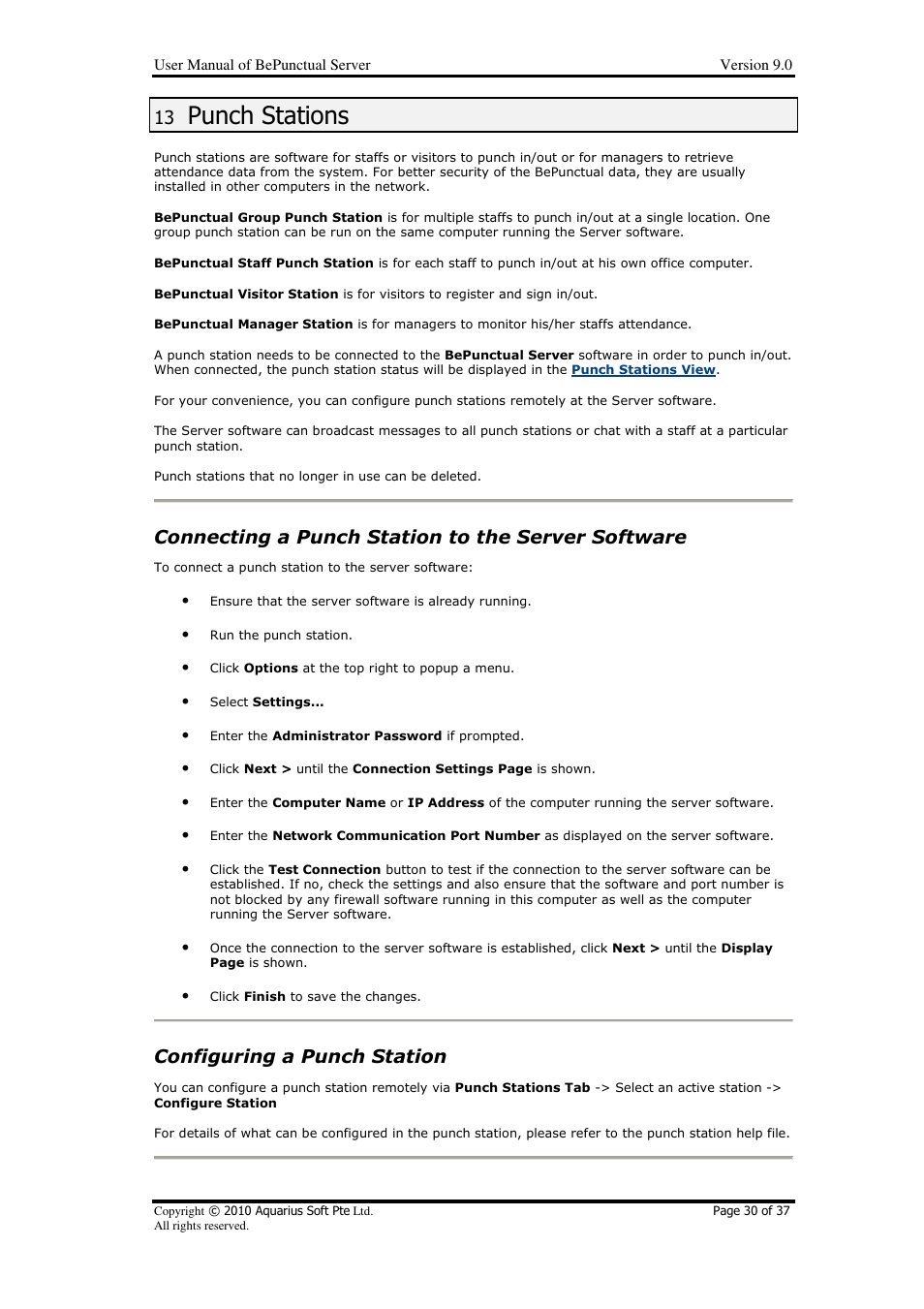 Punch stations, Connecting a punch station to the server software, Configuring a punch station | AB Soft Server BePunctual User Manual | Page 30 / 37