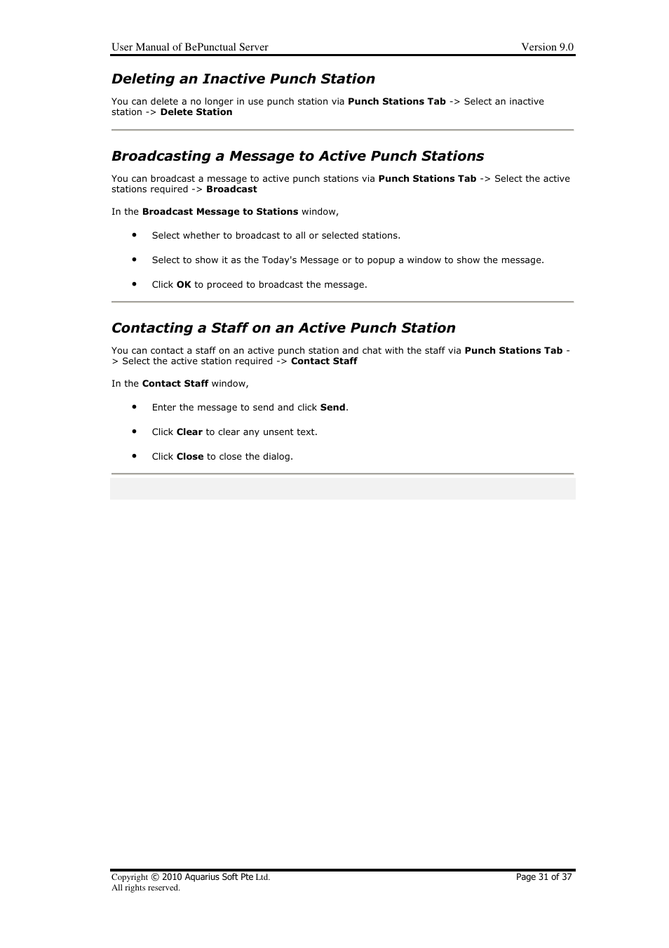 Deleting an inactive punch station, Broadcasting a message to active punch stations, Contacting a staff on an active punch station | AB Soft Server BePunctual User Manual | Page 31 / 37