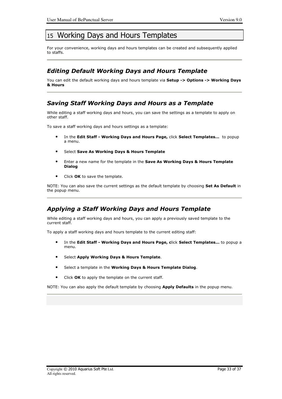 Working days and hours templates, Editing default working days and hours template, Saving staff working days and hours as a template | Applying a staff working days and hours template | AB Soft Server BePunctual User Manual | Page 33 / 37