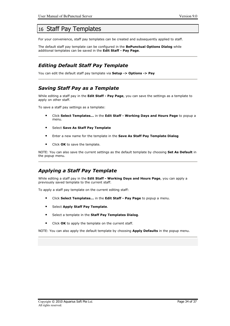 Staff pay templates, Editing default staff pay template, Saving staff pay as a template | Applying a staff pay template | AB Soft Server BePunctual User Manual | Page 34 / 37