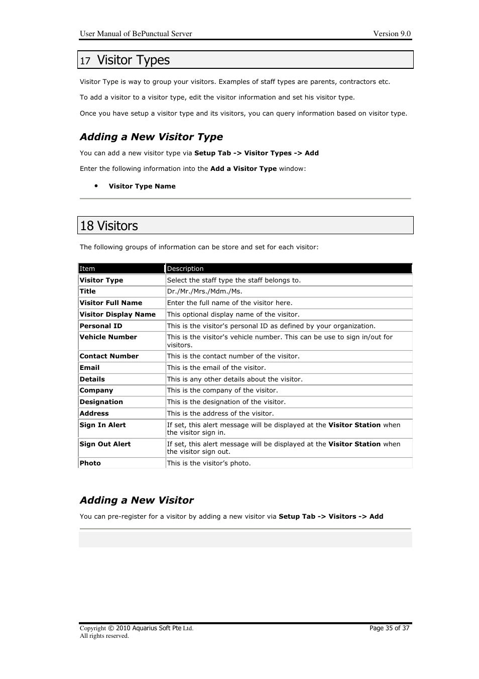 Visitor types, 18 visitors, Adding a new visitor type | Adding a new visitor | AB Soft Server BePunctual User Manual | Page 35 / 37