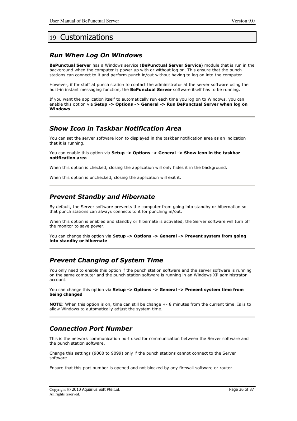 Customizations, Run when log on windows, Show icon in taskbar notification area | Prevent standby and hibernate, Prevent changing of system time, Connection port number | AB Soft Server BePunctual User Manual | Page 36 / 37