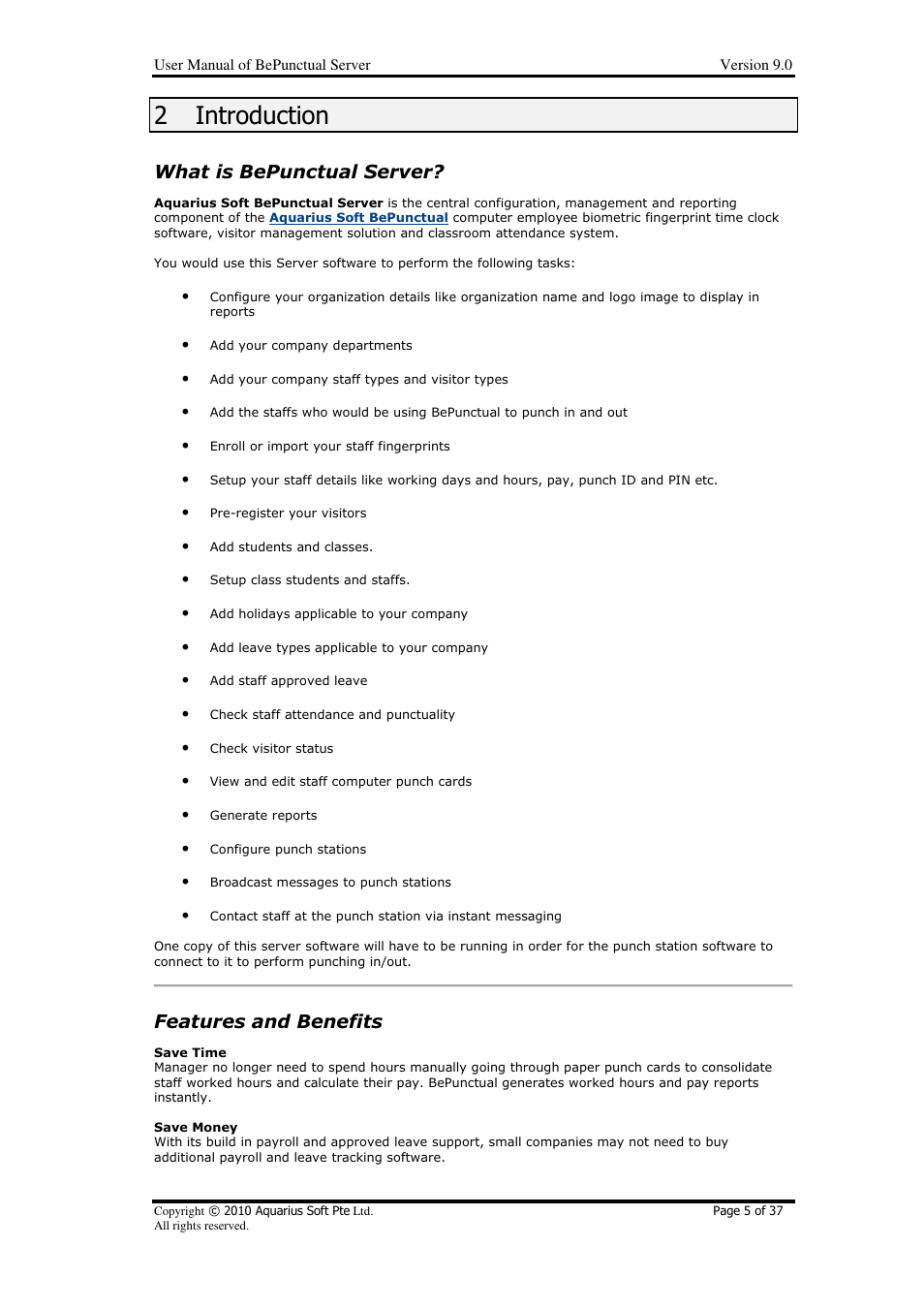 2introduction, What is bepunctual server, Features and benefits | AB Soft Server BePunctual User Manual | Page 5 / 37