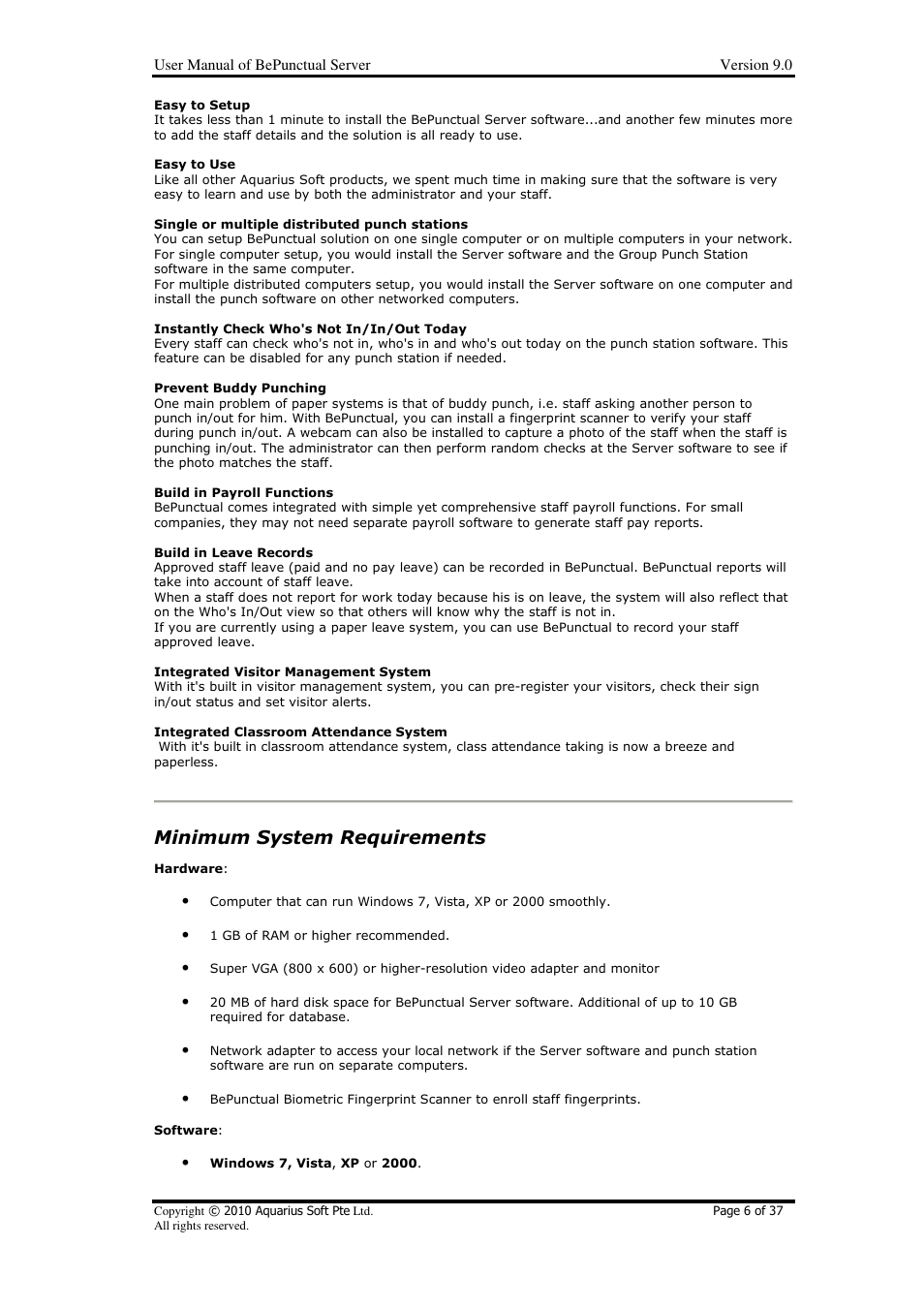 Minimum system requirements | AB Soft Server BePunctual User Manual | Page 6 / 37