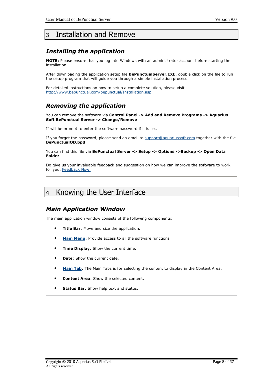 Installation and remove, Knowing the user interface, Installing the application | Removing the application, Main application window | AB Soft Server BePunctual User Manual | Page 8 / 37