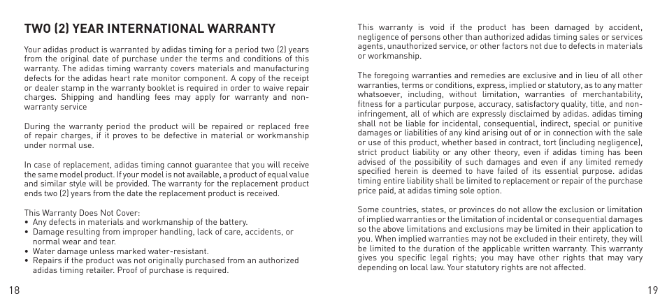 Two (2) year international warranty | Adidas Heart Rate Monitor User Manual | Page 10 / 85