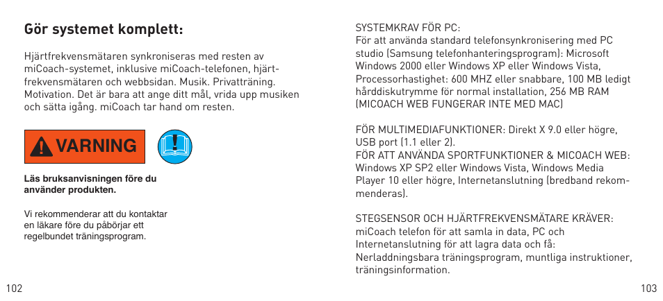 Varning | Adidas Heart Rate Monitor User Manual | Page 52 / 85